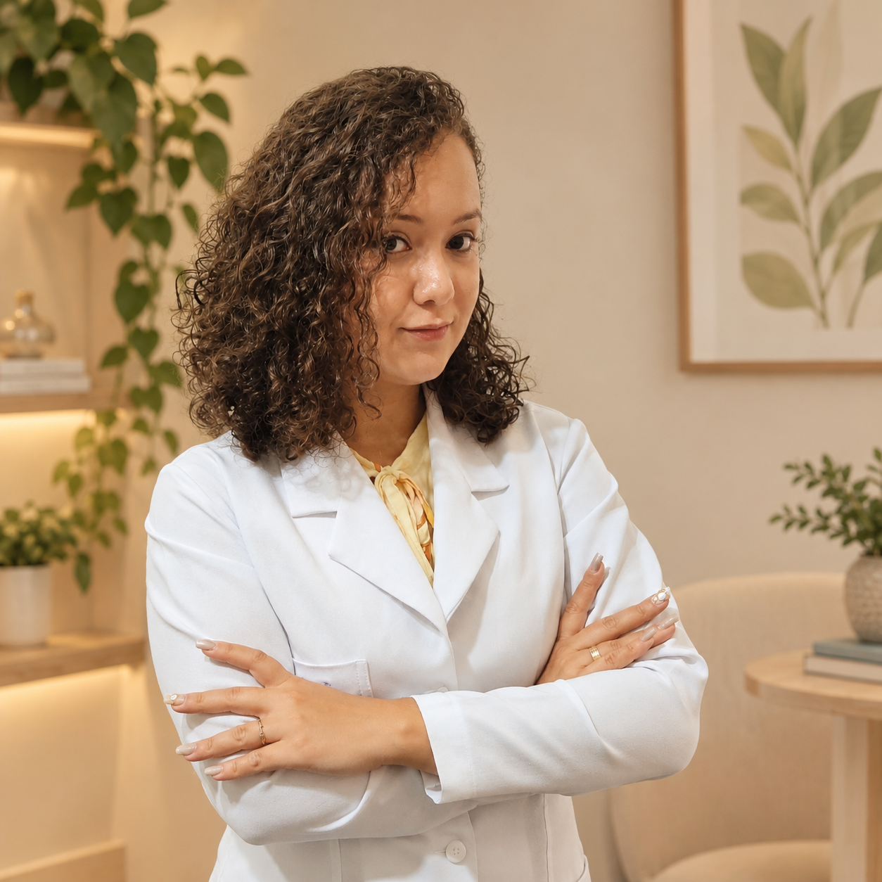 Angela Reis, nutricionista, em um ambiente acolhedor